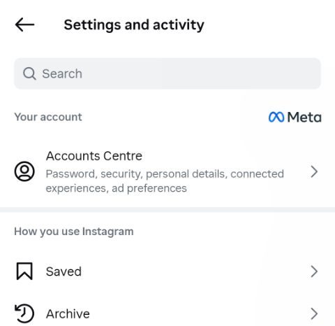 Instagram’s Settings and activity screen. The Accounts Centre row near the top is ringed.