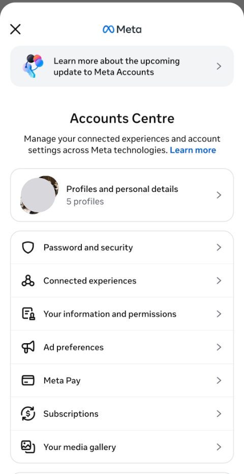 The Accounts Centre menu. The Your information and permissions row is ringed.