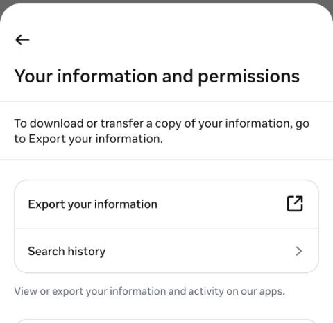The information and permissions screen. The Export your information row at the top is ringed.