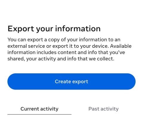 The Export your information screen. The blue Create export button is ringed.