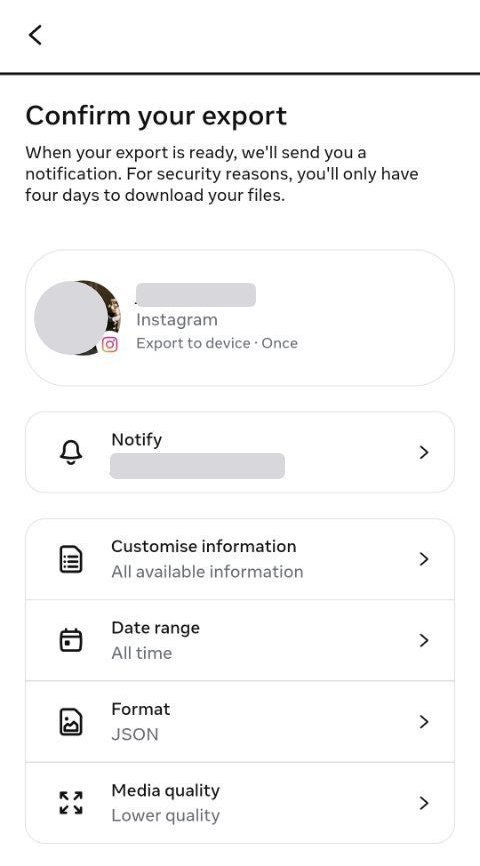 The Confirm your export screen. The Date range, Format and Media quality rows are ringed. The account name and email are redacted.